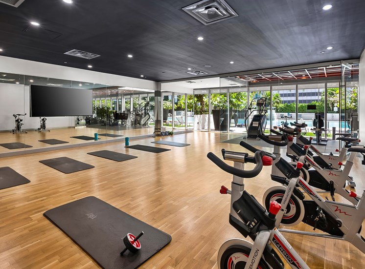 A gym with exercise bikes and yoga mats.